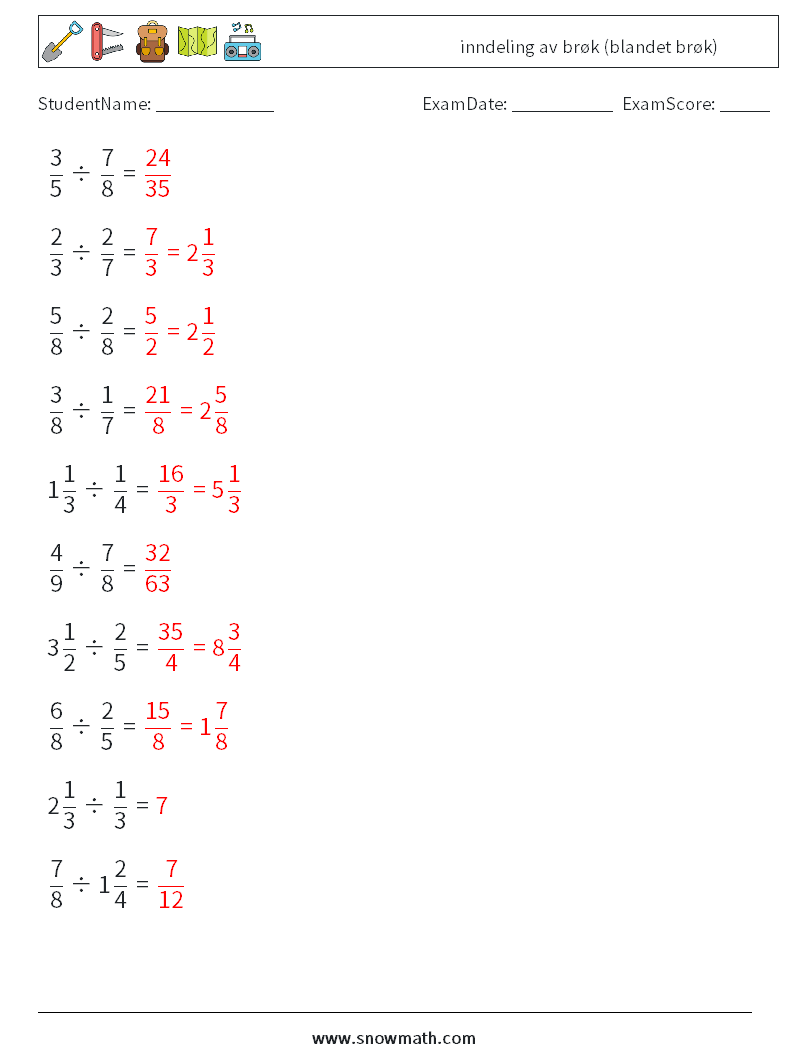 (10) inndeling av brøk (blandet brøk) MathWorksheets 13 QuestionAnswer