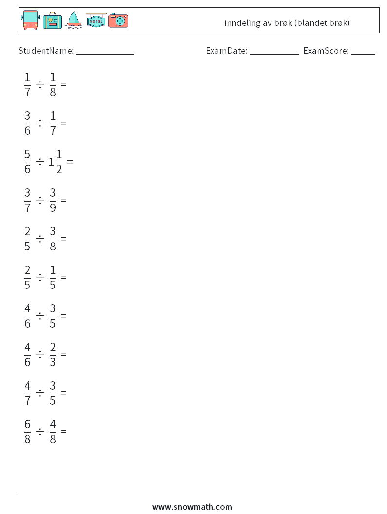 (10) inndeling av brøk (blandet brøk) MathWorksheets 14