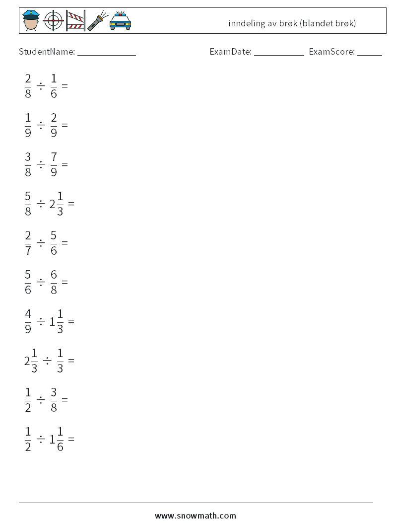 (10) inndeling av brøk (blandet brøk) MathWorksheets 15