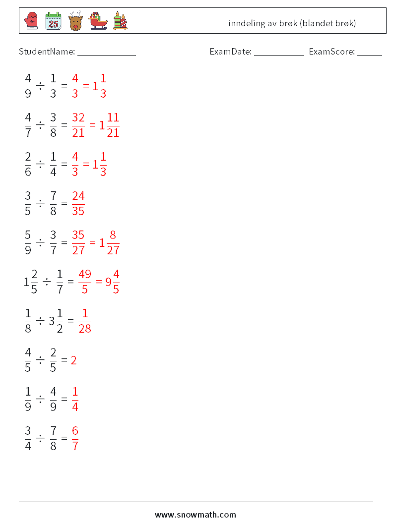 (10) inndeling av brøk (blandet brøk) MathWorksheets 16 QuestionAnswer