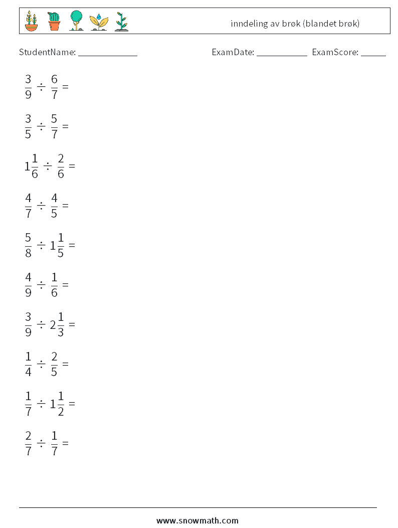 (10) inndeling av brøk (blandet brøk) MathWorksheets 17