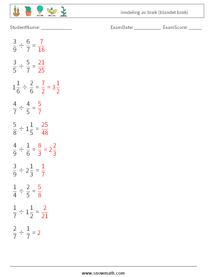 (10) inndeling av brøk (blandet brøk) MathWorksheets 17 QuestionAnswer