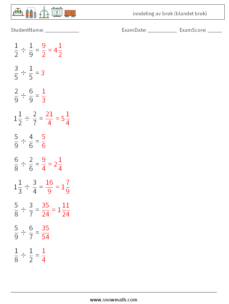 (10) inndeling av brøk (blandet brøk) MathWorksheets 18 QuestionAnswer