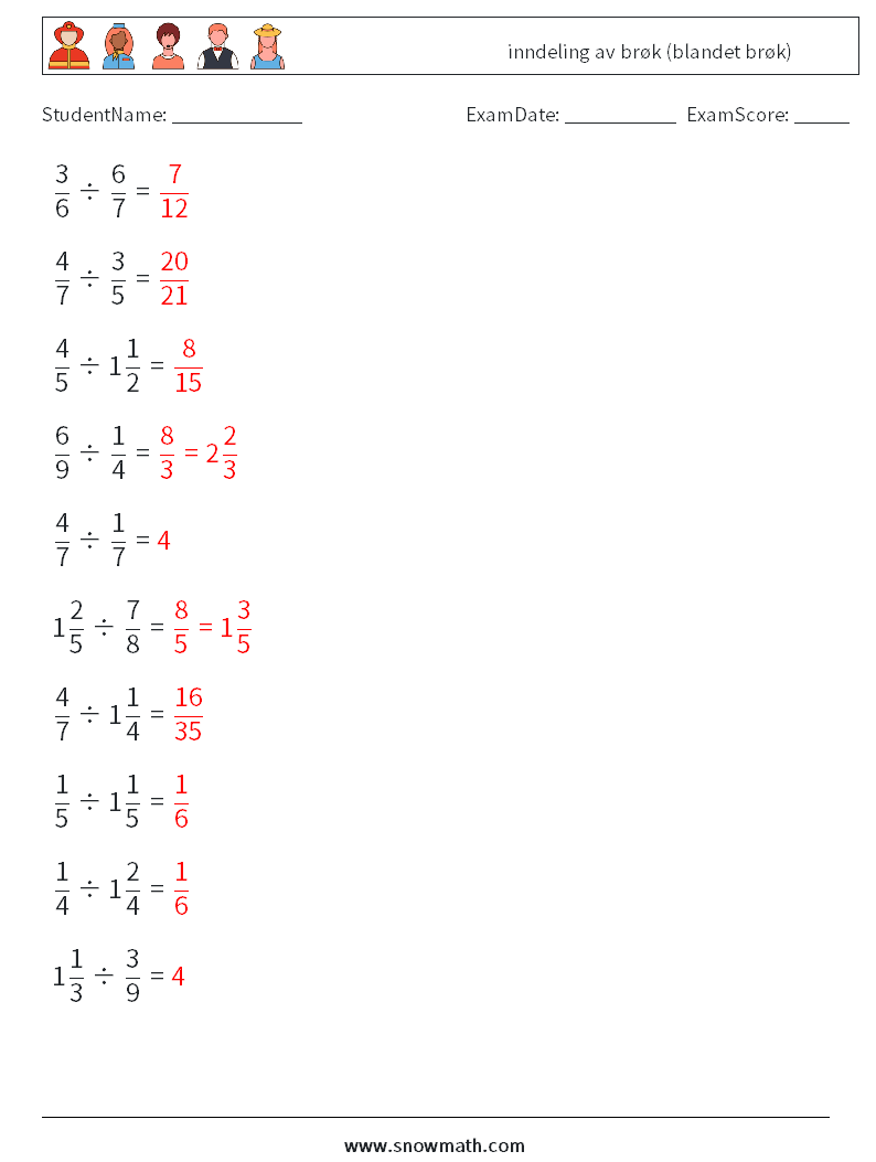 (10) inndeling av brøk (blandet brøk) MathWorksheets 1 QuestionAnswer