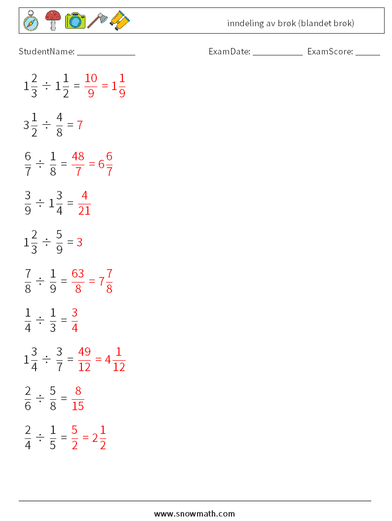 (10) inndeling av brøk (blandet brøk) MathWorksheets 2 QuestionAnswer