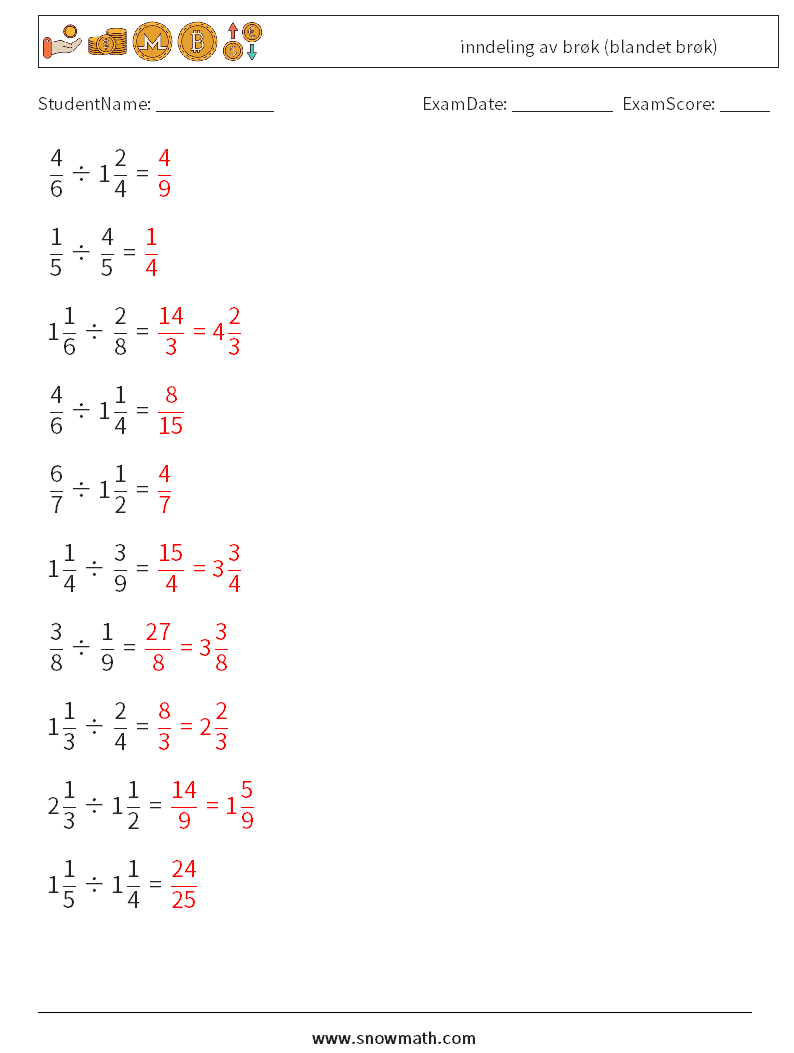 (10) inndeling av brøk (blandet brøk) MathWorksheets 3 QuestionAnswer