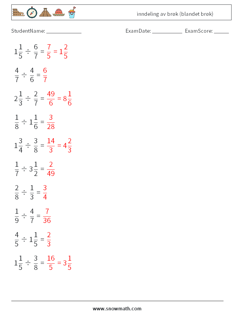 (10) inndeling av brøk (blandet brøk) MathWorksheets 4 QuestionAnswer