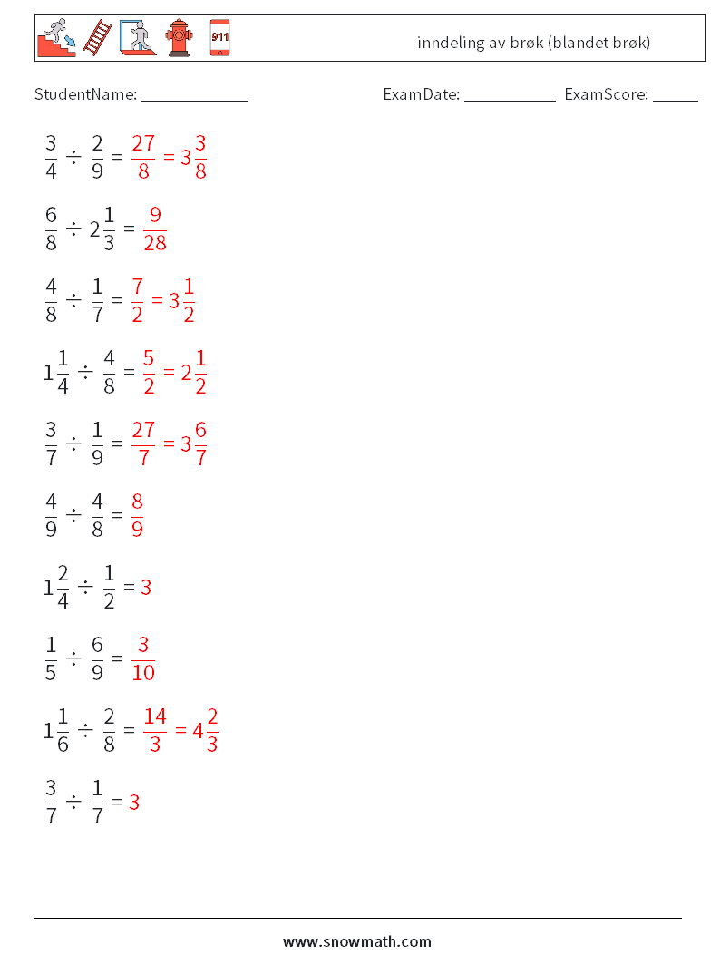 (10) inndeling av brøk (blandet brøk) MathWorksheets 5 QuestionAnswer