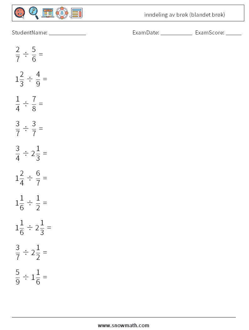 (10) inndeling av brøk (blandet brøk) MathWorksheets 6