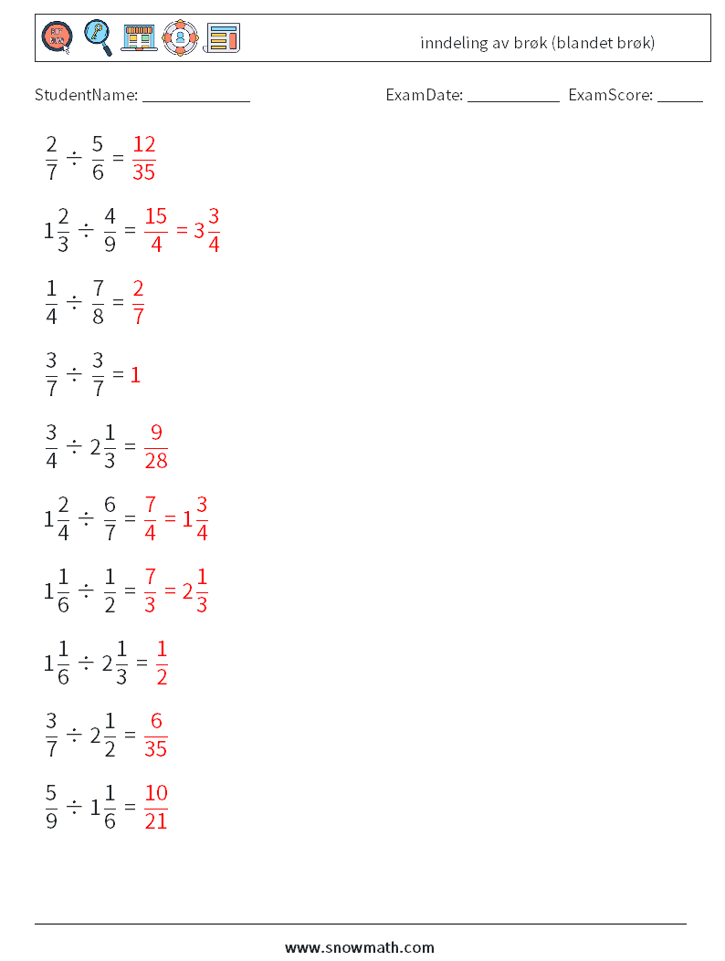 (10) inndeling av brøk (blandet brøk) MathWorksheets 6 QuestionAnswer