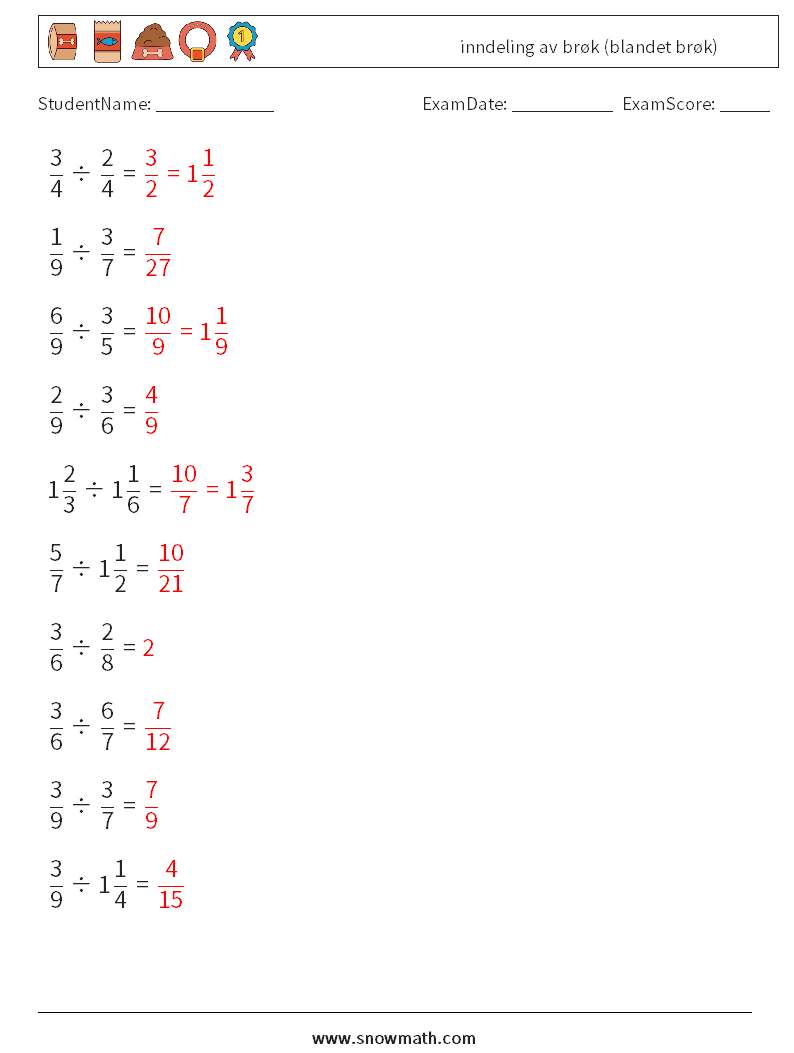 (10) inndeling av brøk (blandet brøk) MathWorksheets 7 QuestionAnswer