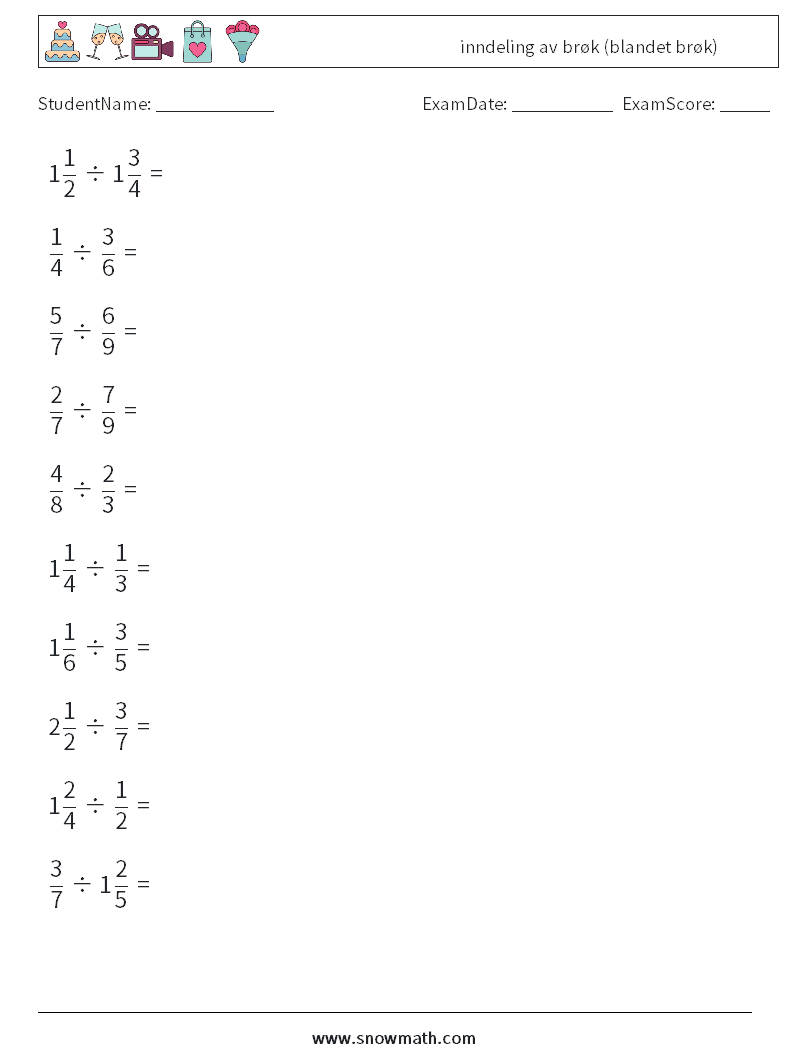 (10) inndeling av brøk (blandet brøk) MathWorksheets 9