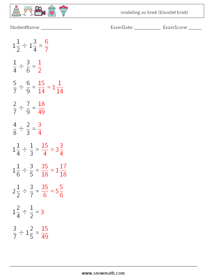 (10) inndeling av brøk (blandet brøk) MathWorksheets 9 QuestionAnswer