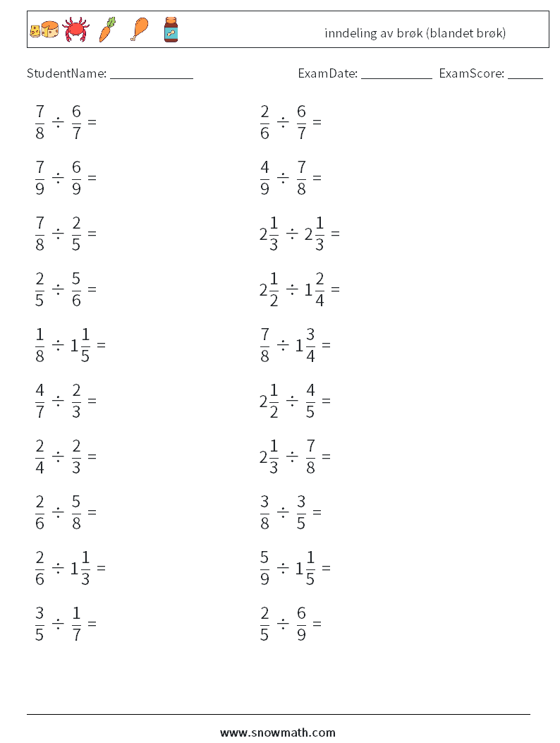 (20) inndeling av brøk (blandet brøk) MathWorksheets 5