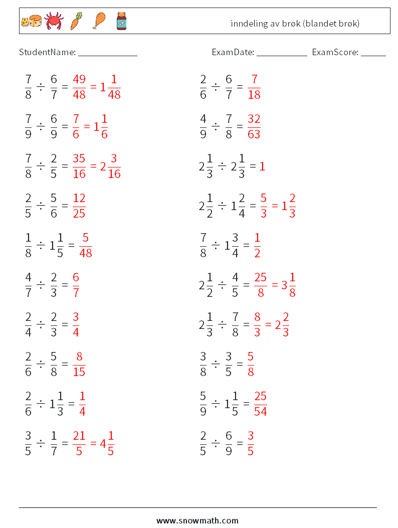 (20) inndeling av brøk (blandet brøk) MathWorksheets 5 QuestionAnswer