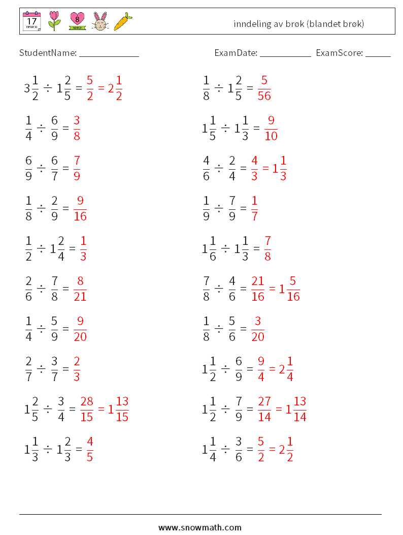 (20) inndeling av brøk (blandet brøk) MathWorksheets 8 QuestionAnswer