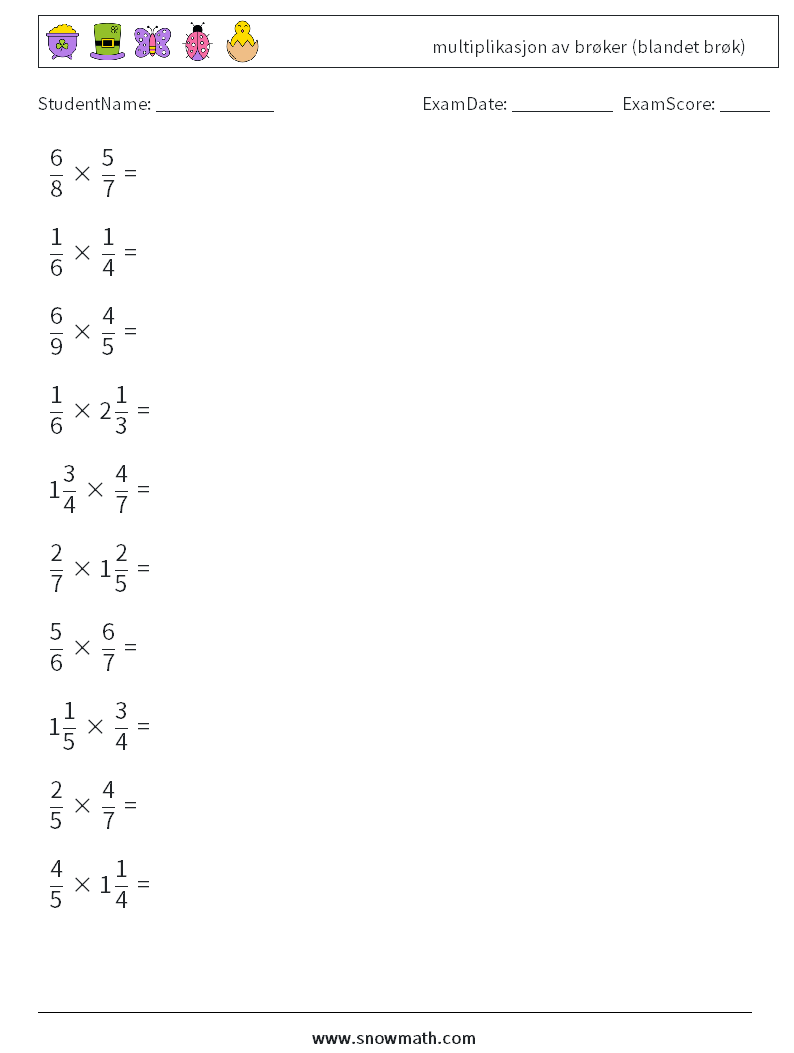 (10) multiplikasjon av brøker (blandet brøk) MathWorksheets 17