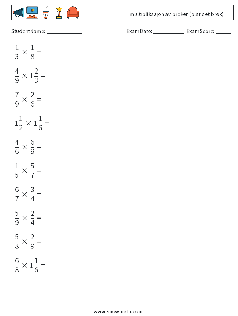 (10) multiplikasjon av brøker (blandet brøk) MathWorksheets 18