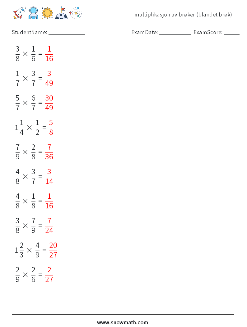 (10) multiplikasjon av brøker (blandet brøk) MathWorksheets 2 QuestionAnswer