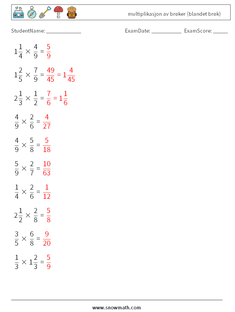 (10) multiplikasjon av brøker (blandet brøk) MathWorksheets 3 QuestionAnswer