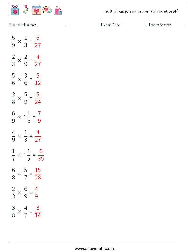 (10) multiplikasjon av brøker (blandet brøk) MathWorksheets 5 QuestionAnswer