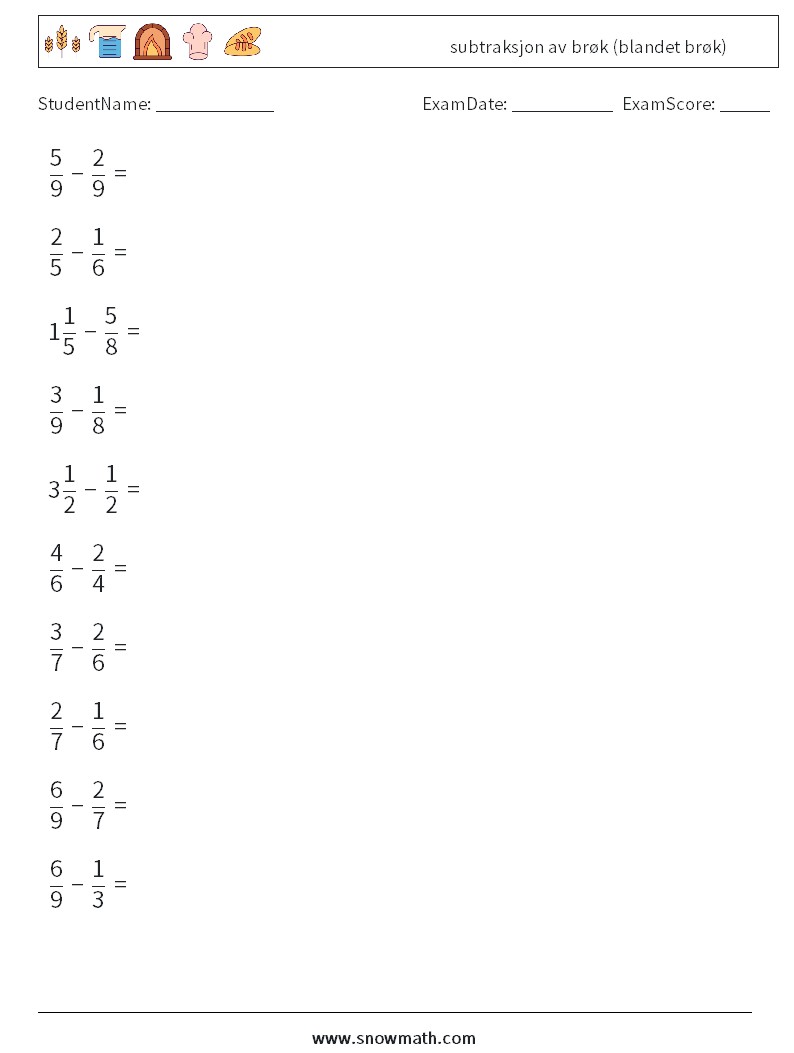 (10) subtraksjon av brøk (blandet brøk) MathWorksheets 13