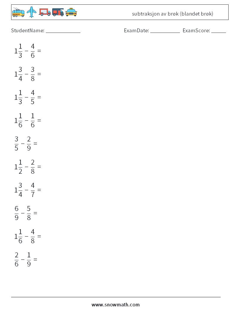 (10) subtraksjon av brøk (blandet brøk) MathWorksheets 14