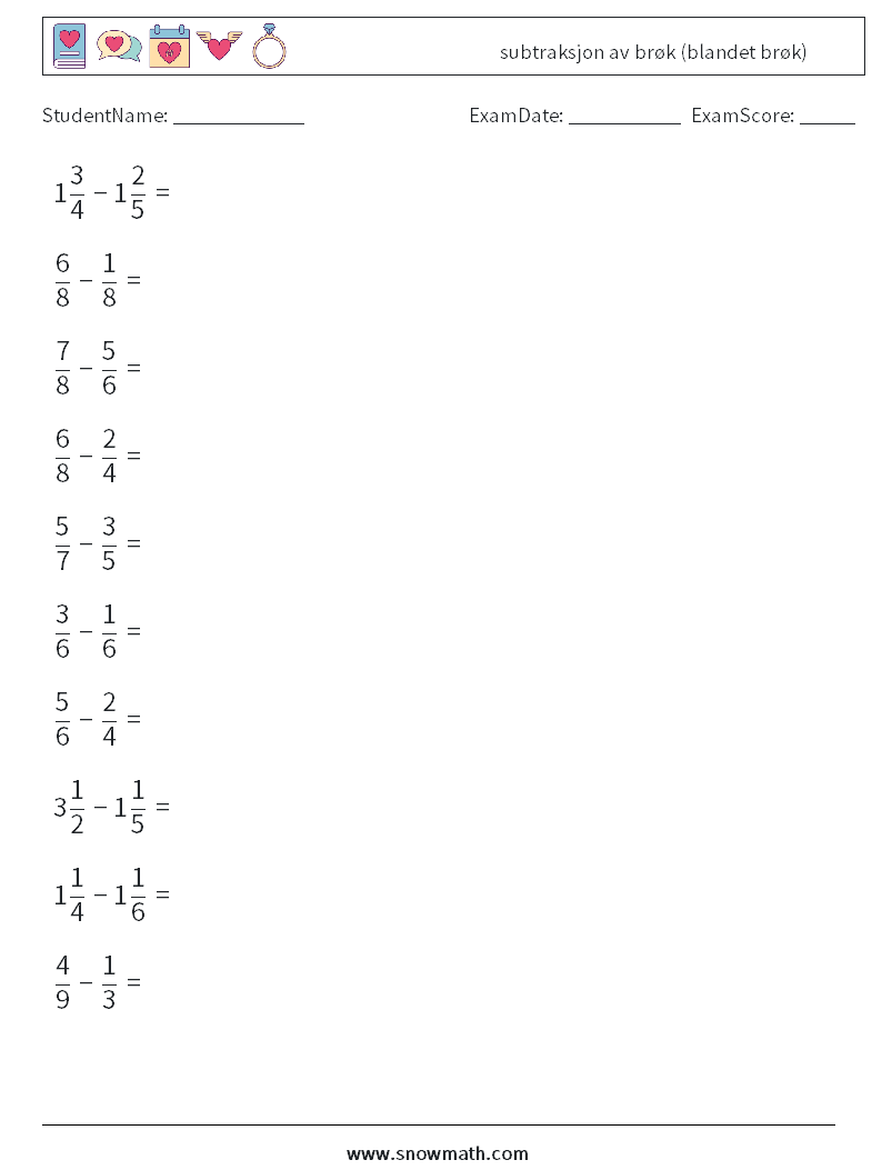 (10) subtraksjon av brøk (blandet brøk) MathWorksheets 15