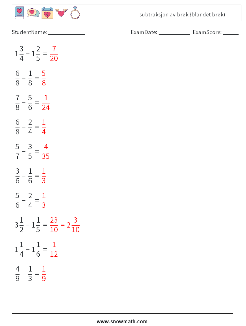 (10) subtraksjon av brøk (blandet brøk) MathWorksheets 15 QuestionAnswer