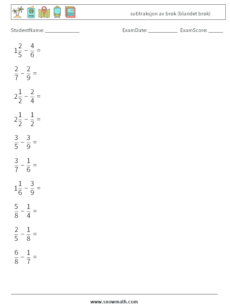 (10) subtraksjon av brøk (blandet brøk) MathWorksheets 17