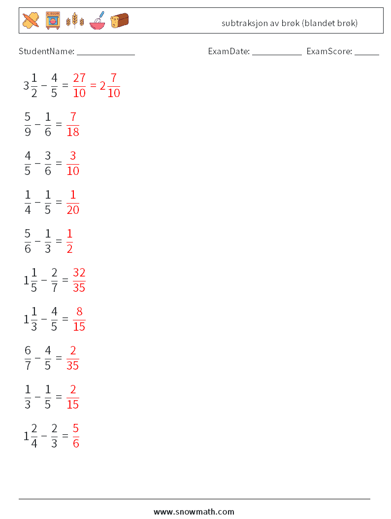 (10) subtraksjon av brøk (blandet brøk) MathWorksheets 18 QuestionAnswer