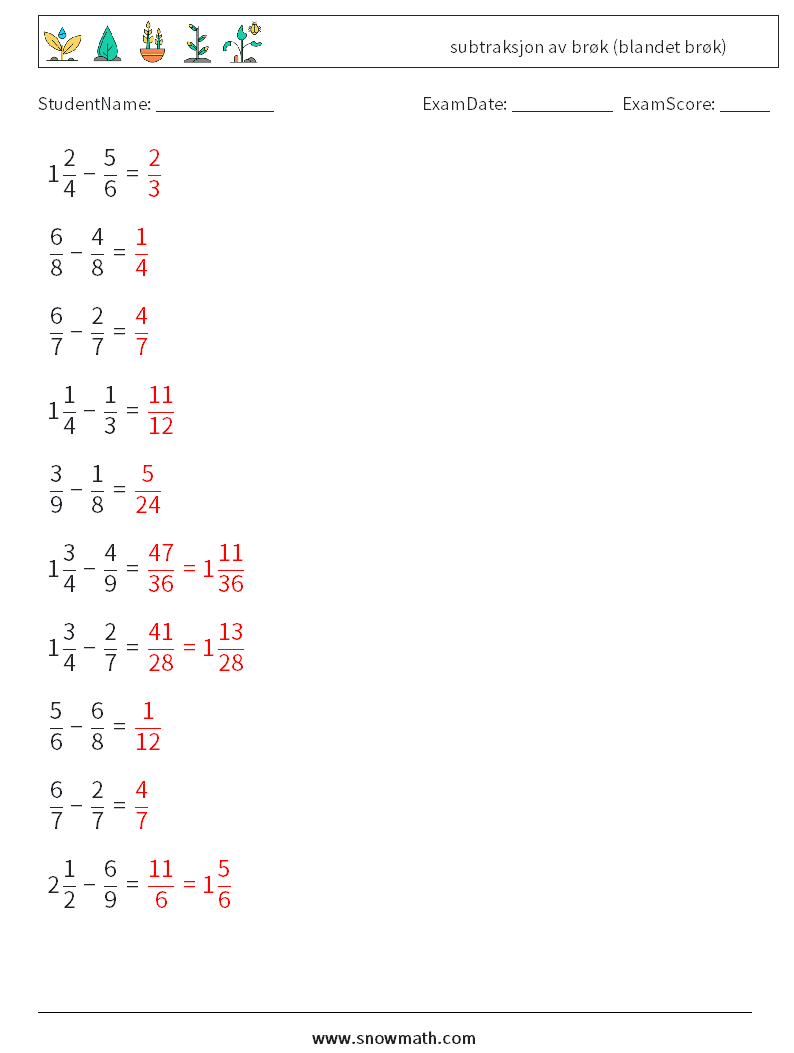 (10) subtraksjon av brøk (blandet brøk) MathWorksheets 1 QuestionAnswer