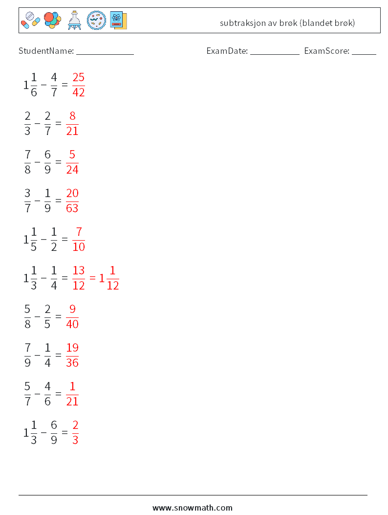 (10) subtraksjon av brøk (blandet brøk) MathWorksheets 2 QuestionAnswer