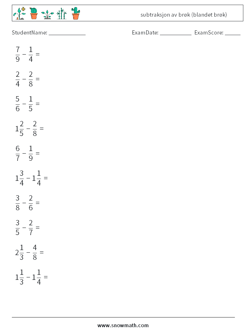 (10) subtraksjon av brøk (blandet brøk) MathWorksheets 3