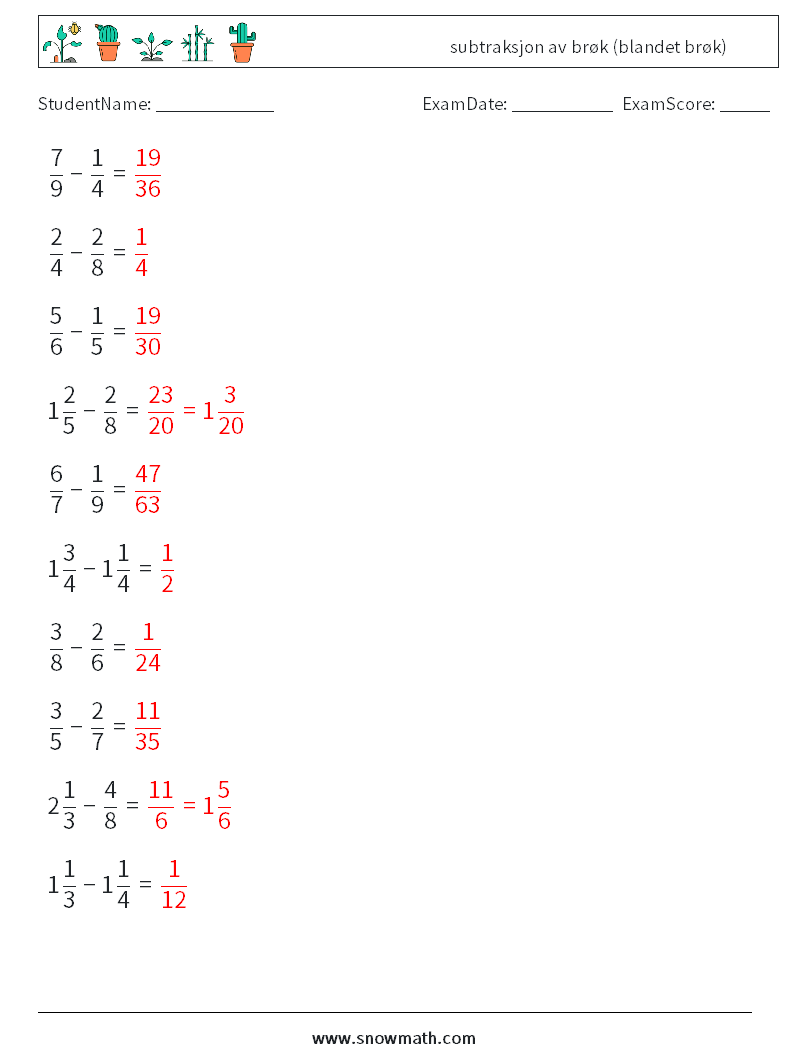 (10) subtraksjon av brøk (blandet brøk) MathWorksheets 3 QuestionAnswer