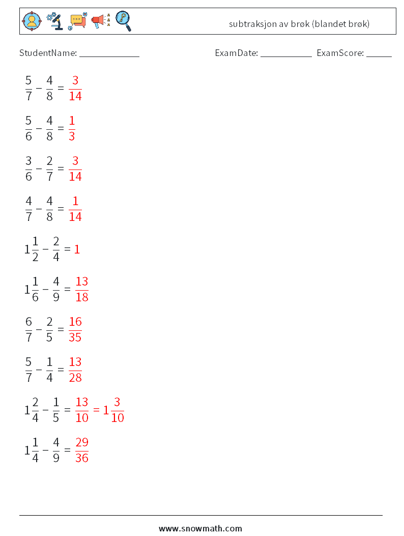 (10) subtraksjon av brøk (blandet brøk) MathWorksheets 4 QuestionAnswer