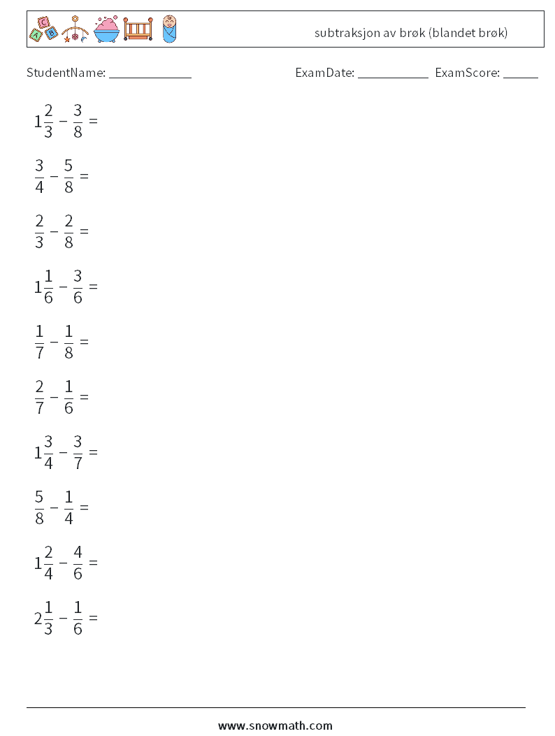 (10) subtraksjon av brøk (blandet brøk) MathWorksheets 5