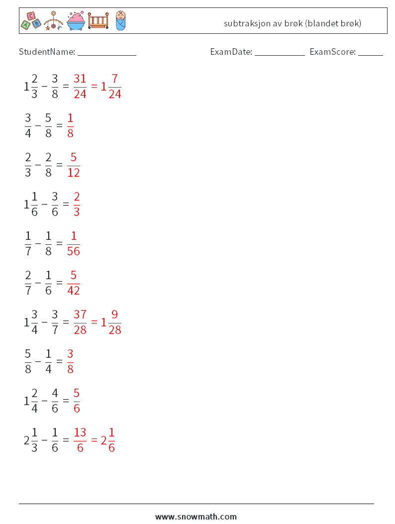 (10) subtraksjon av brøk (blandet brøk) MathWorksheets 5 QuestionAnswer