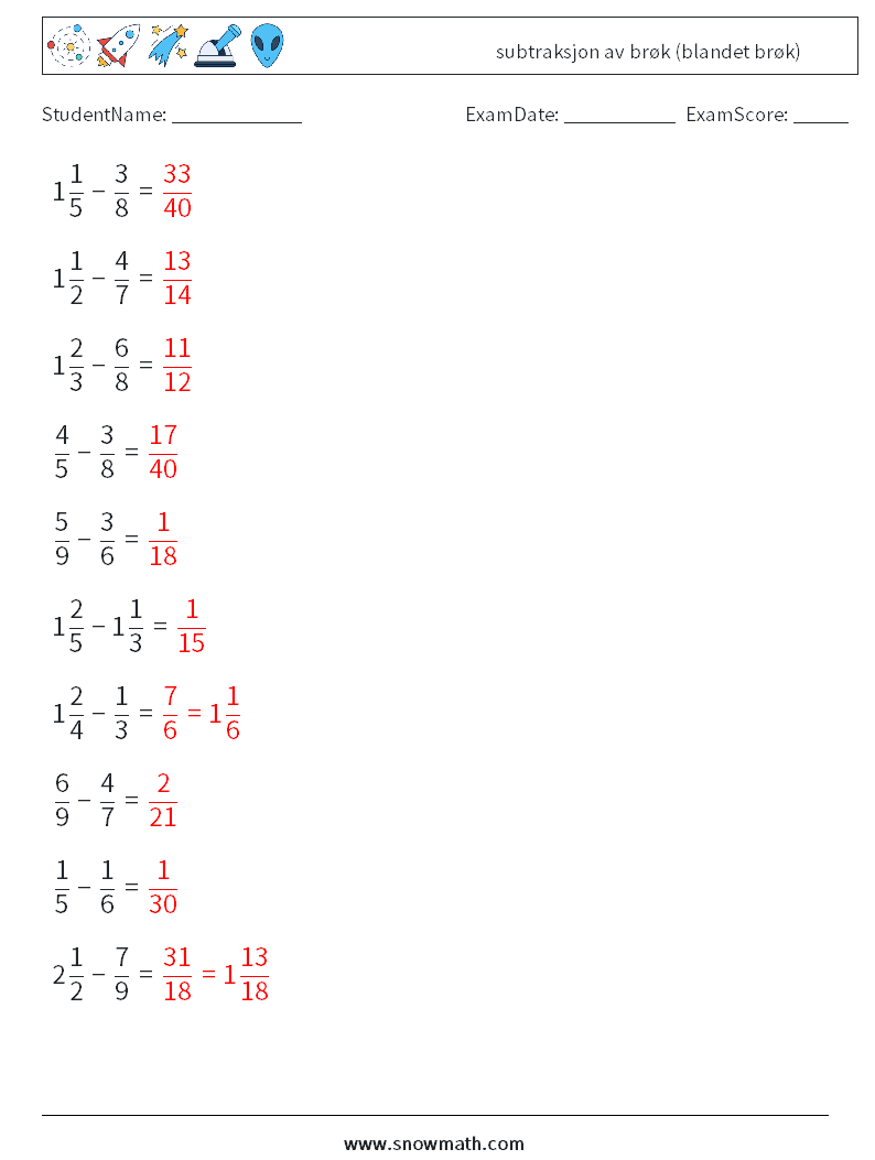 (10) subtraksjon av brøk (blandet brøk) MathWorksheets 6 QuestionAnswer