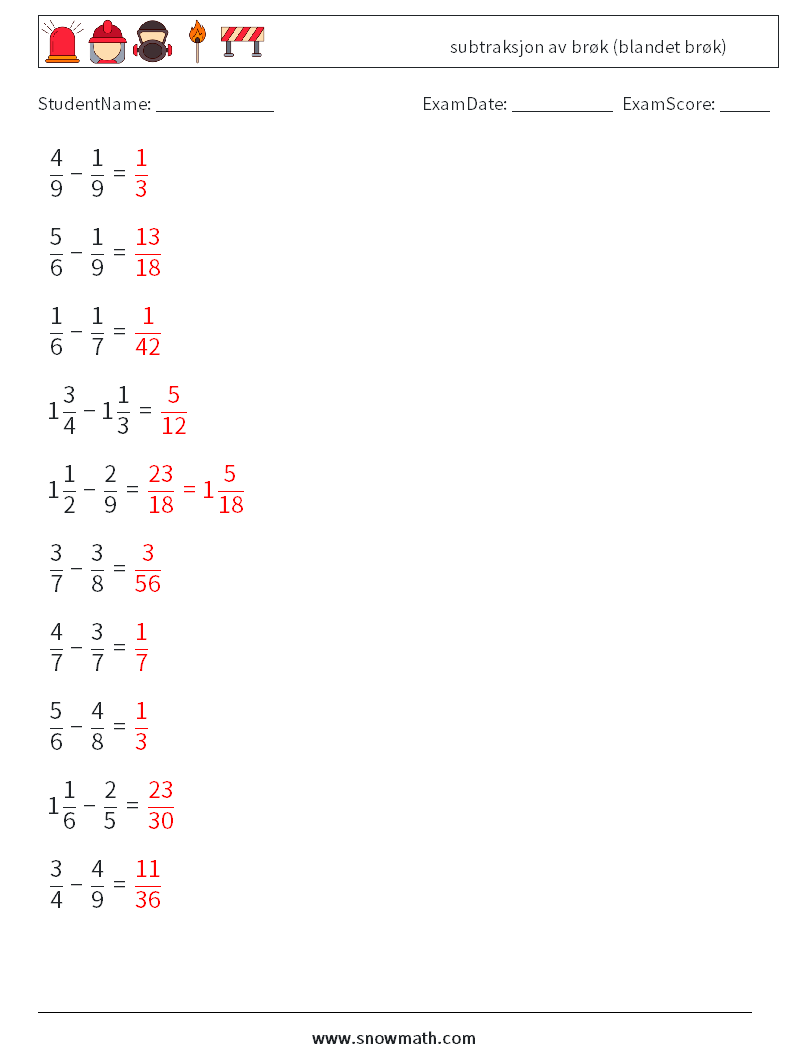 (10) subtraksjon av brøk (blandet brøk) MathWorksheets 7 QuestionAnswer