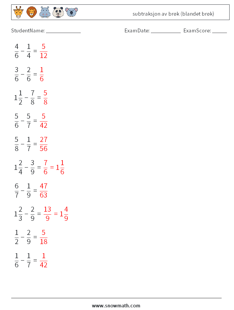 (10) subtraksjon av brøk (blandet brøk) MathWorksheets 8 QuestionAnswer