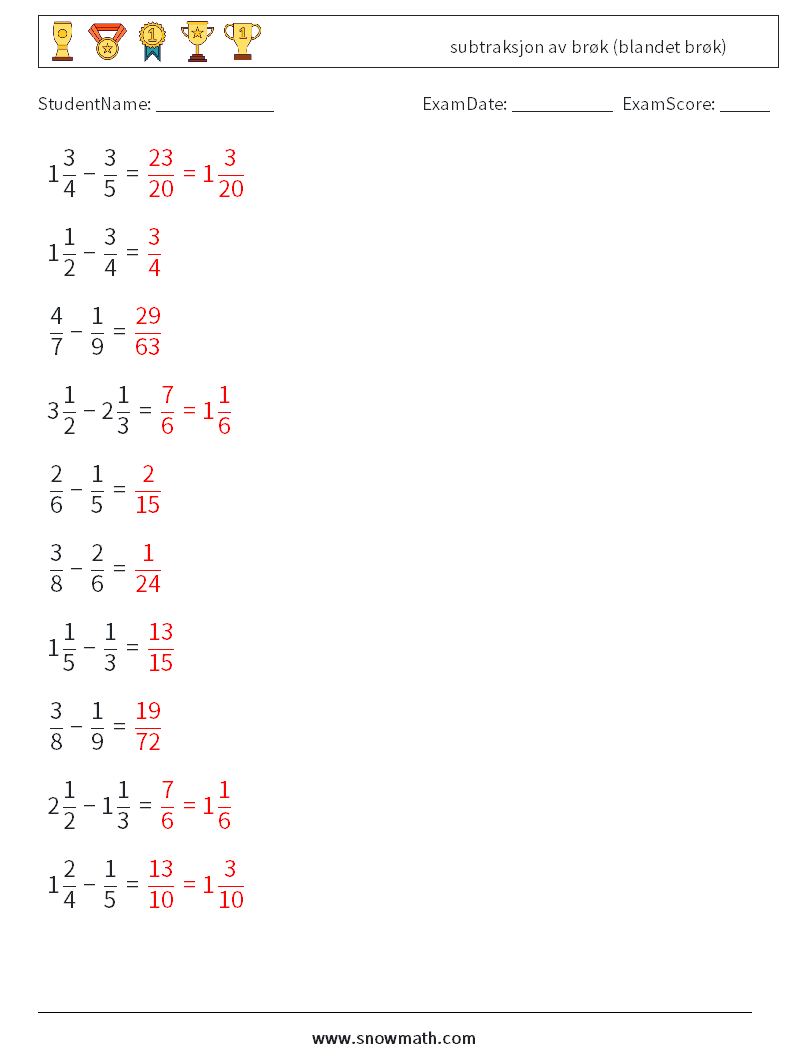 (10) subtraksjon av brøk (blandet brøk) MathWorksheets 9 QuestionAnswer