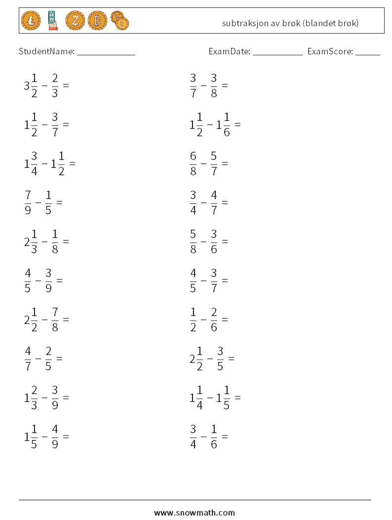 (20) subtraksjon av brøk (blandet brøk) MathWorksheets 1