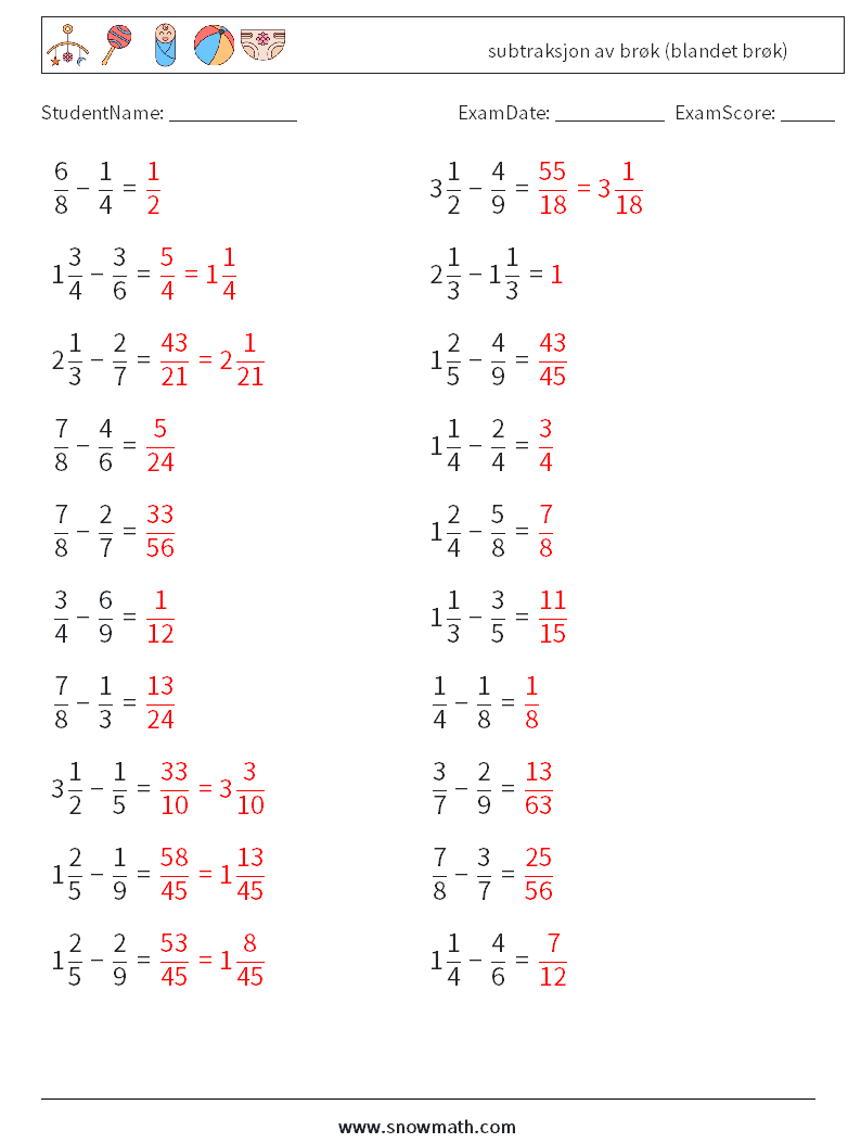 (20) subtraksjon av brøk (blandet brøk) MathWorksheets 11 QuestionAnswer