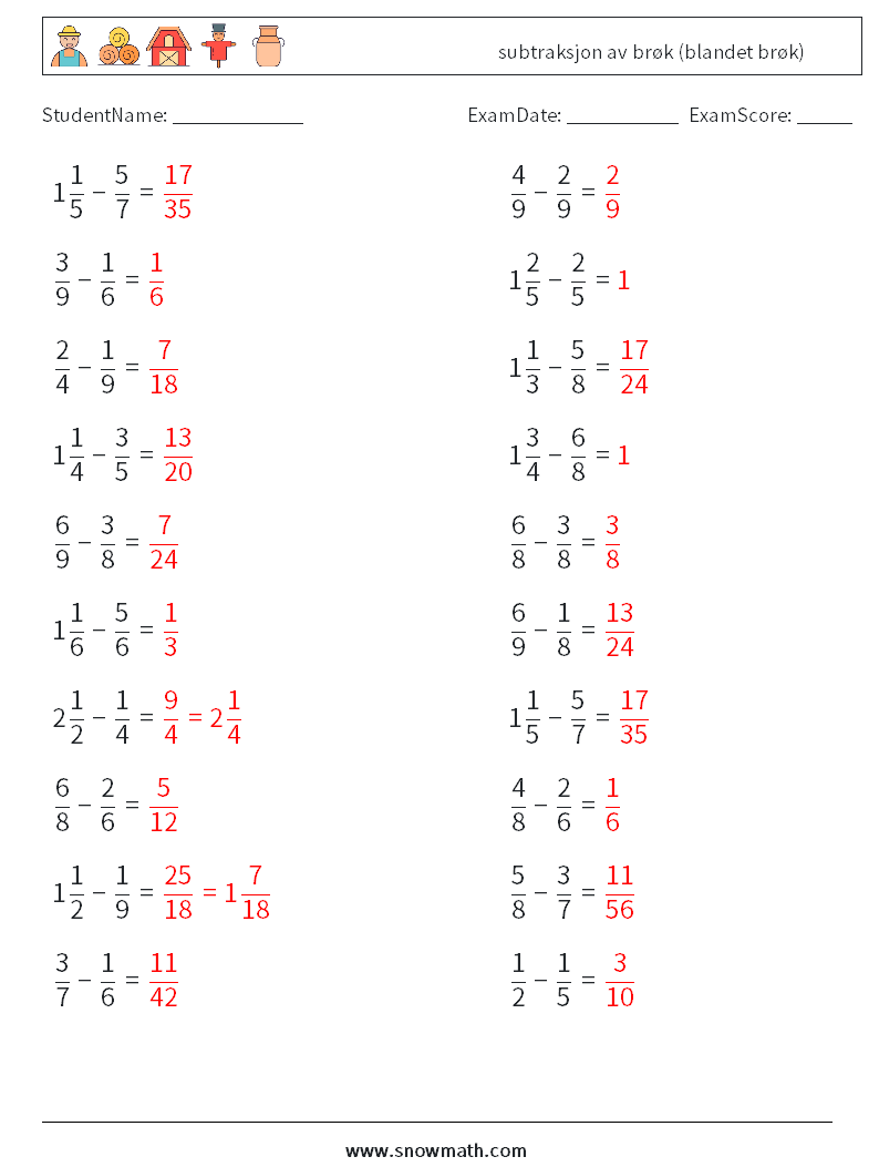 (20) subtraksjon av brøk (blandet brøk) MathWorksheets 15 QuestionAnswer