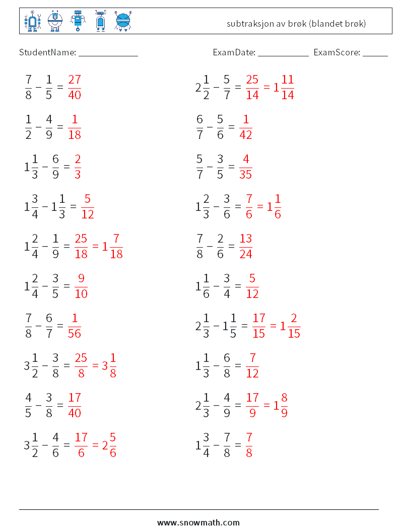 (20) subtraksjon av brøk (blandet brøk) MathWorksheets 16 QuestionAnswer