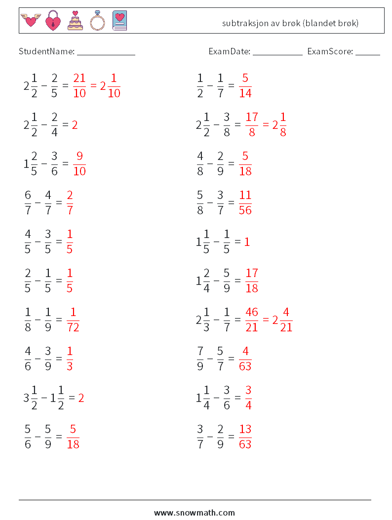 (20) subtraksjon av brøk (blandet brøk) MathWorksheets 18 QuestionAnswer