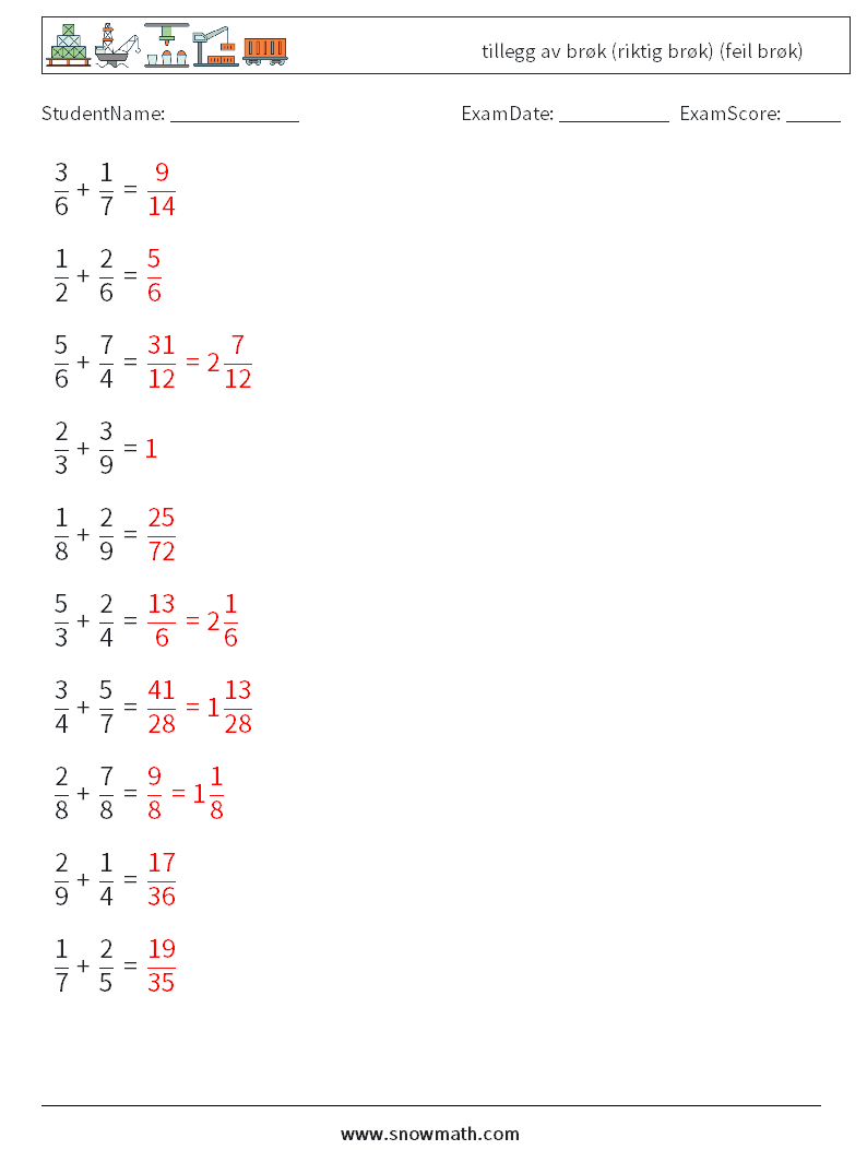 (10) tillegg av brøk (riktig brøk) (feil brøk) MathWorksheets 10 QuestionAnswer