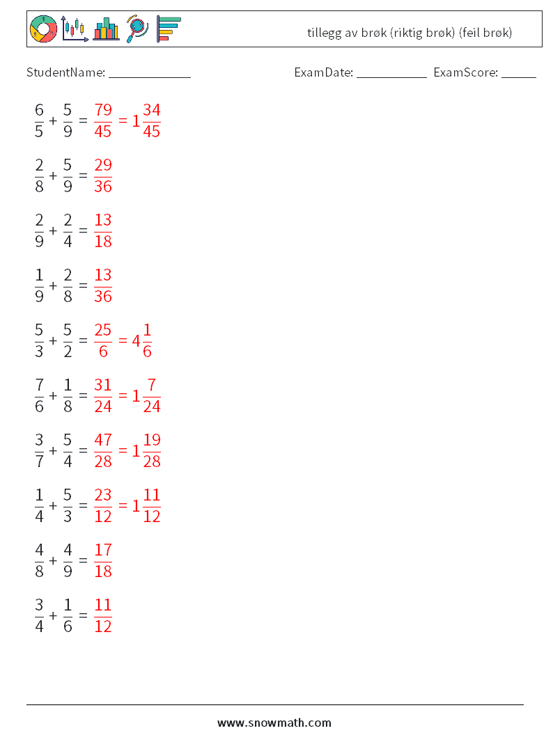 (10) tillegg av brøk (riktig brøk) (feil brøk) MathWorksheets 12 QuestionAnswer