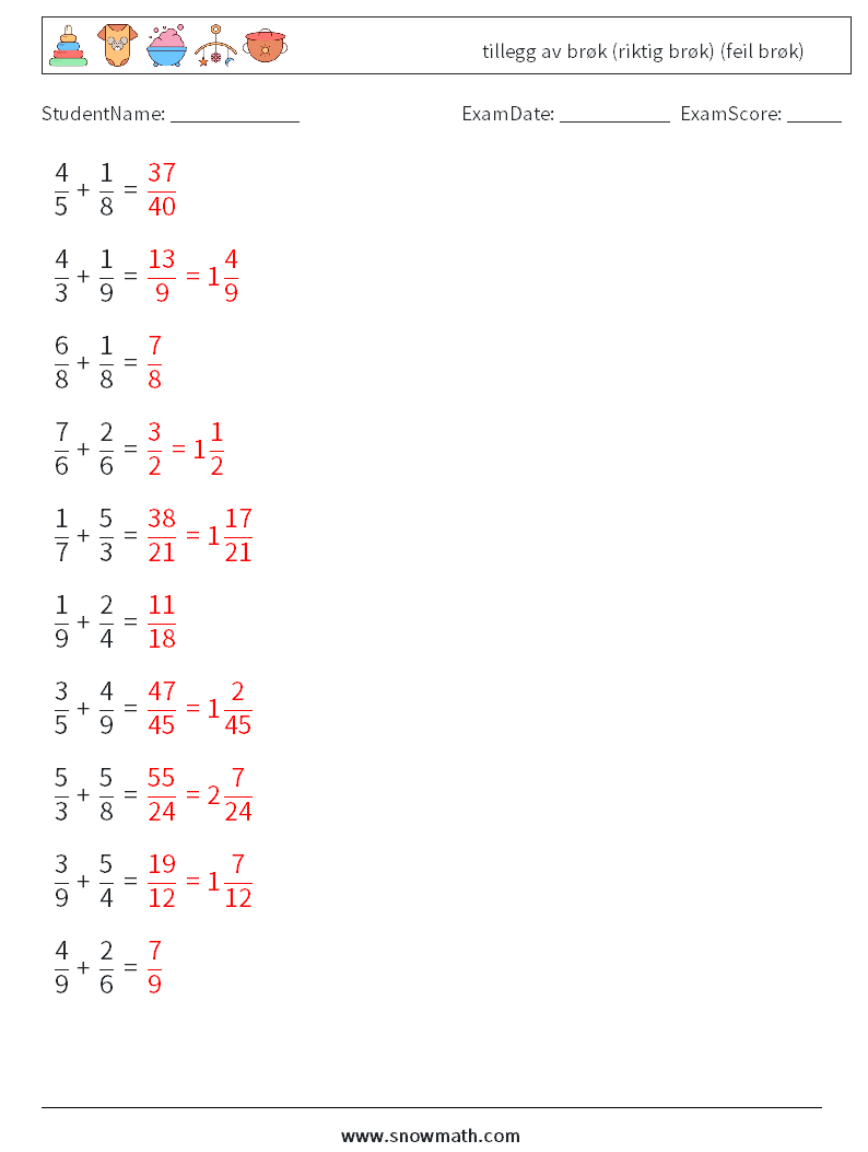 (10) tillegg av brøk (riktig brøk) (feil brøk) MathWorksheets 13 QuestionAnswer